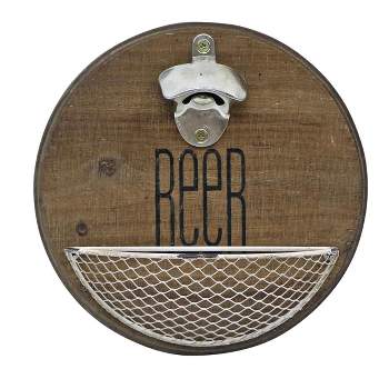 Rustic Wood Wall Mount Beer Bottle Opener with Metal Basket - Foreside Home & Garden