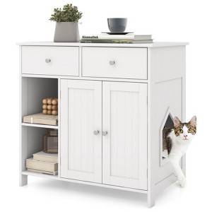 Costway Cat Litter Box Enclosure with 2 Drawers Double Doors Open Shelves Modern Indoor - 1 of 4