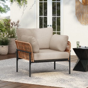 Lyngins Outdoor Accent Chair with Beige Plush Cushions, Rope Weave Design Patio Accent Chair/Lounge Chair, Weather-Resistant Powder-Coated Iron Frame - 1 of 4