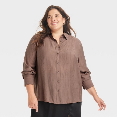 Women's Long Sleeve Textured Button-down Shirt - A New Day™ Taupe Brown 1x  : Target