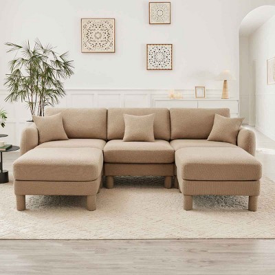 U-Shape Sectional Sofa with Ottomans, Boucle 3-Seater Sofa with Armrests and Cylindrical Legs, Fabric Couch with Cushion-Coolbibila