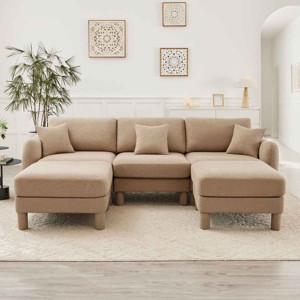 U-Shape Sectional Sofa with Ottomans, Boucle 3-Seater Sofa with Armrests and Cylindrical Legs, Fabric Couch with Cushion-Coolbibila - 1 of 4