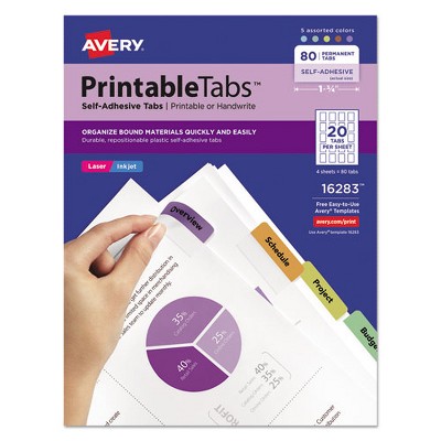Avery Printable Plastic Tabs with Repositionable Adhesive, 1/5-Cut, Assorted Colors, 1.75" Wide, 80/Pack