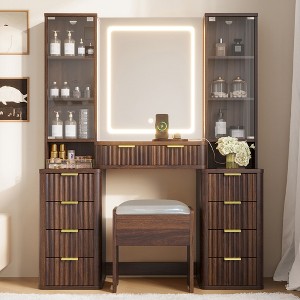 brown dressing table with drawers solid wood dressing table bedroom Modern minimalist desk Black walnut makeup table storage cabinet integrated 39.4x15.8x29.2 inch / 100x40x76 сm / main image 1