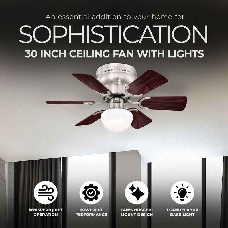 Westinghouse Hadley 30 Inch Brushed Nickel Finish Ceiling Fan with 6 Reversible Blades and Bowl Light Kit with 1 Candelabra Base Light Bulb, 2 of 7