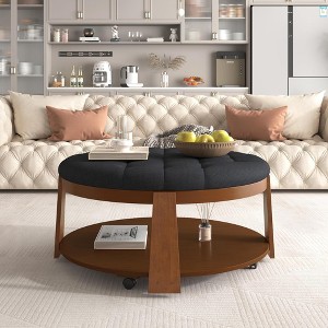 QingMoon Round Upholstered Coffee Table, 2-Tier Button Tufted Ottoman with Wheels and Storage Shelf for Living Room - 1 of 4