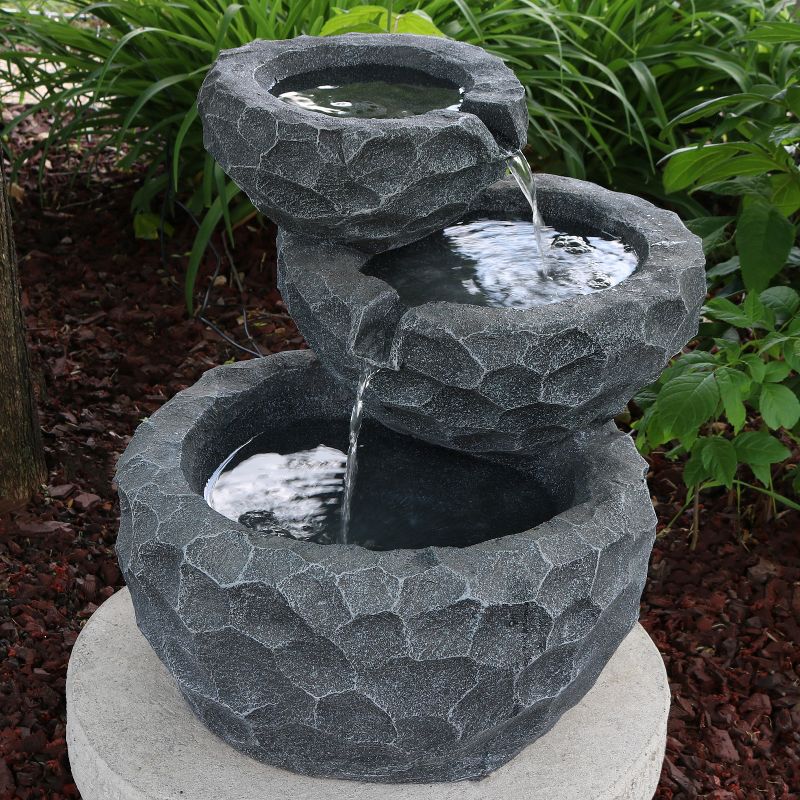 Sunnydaze Outdoor 3-Tier Chiseled Basin Solar Powered Water Fountain with Battery Backup and Submersible Pump - 17", 3 of 14