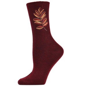 Memoi Women's Embroidered Golden Leaf Vintage Style Crew Socks - 1 of 4