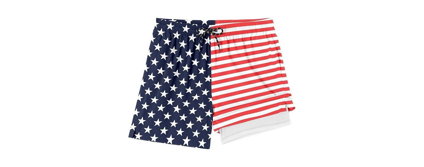 Мужские шорты COOFANDY Men Swim Trunk with Compression Liner 2 in 1 Swimwear Bathing Suit Quick Dry Board Short Black Plam Leaf M, цвет: Чёрный — фото 6