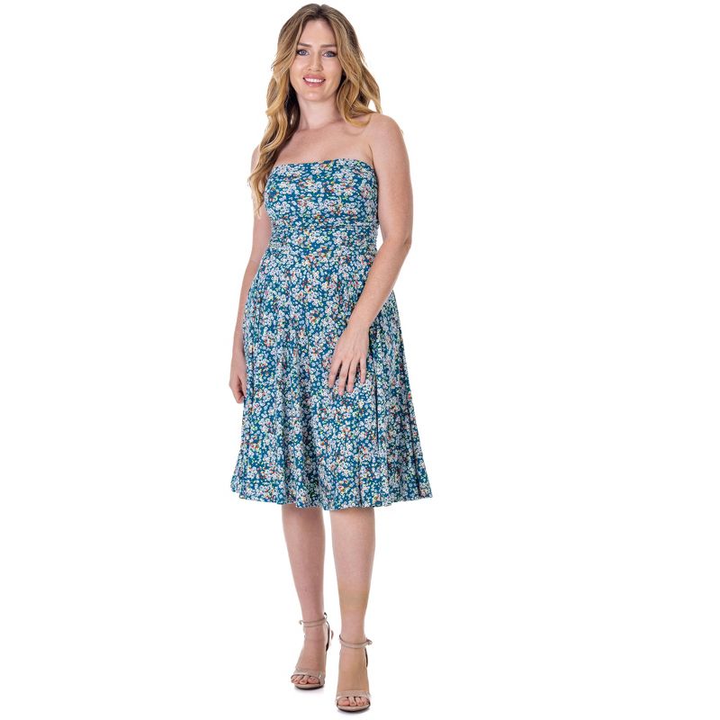 24seven Comfort Apparel Womens Teal Floral Strapless Tube Top Flowy Knee Length Dress, 1 of 8