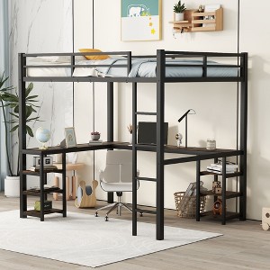 NicBex Full Size Bunk Bed with "L" Shape Desk Metal Frame Bed Frame with 2 Storage Shelves, Guardrails and Ladders for Bedroom, Guest Room, Black - 1 of 4