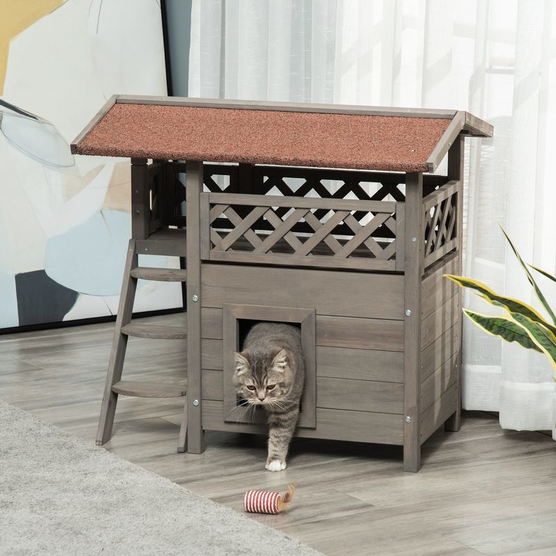 PawHut Outdoor Cat House, 2-Story Shelter for Feral Cats, Wooden Kitten Condo with Asphalt Roof, Stairs, Balcony, 30"x20"x29", Light Gray, 3 of 9