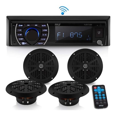 Photo 1 of Pyle PLMRKT48BK 6.5" Waterproof Bluetooth Marine Receiver Stereo and Speaker Kit w/ Microphone Hands Free Calling, Remote, & Wireless Streaming, Black