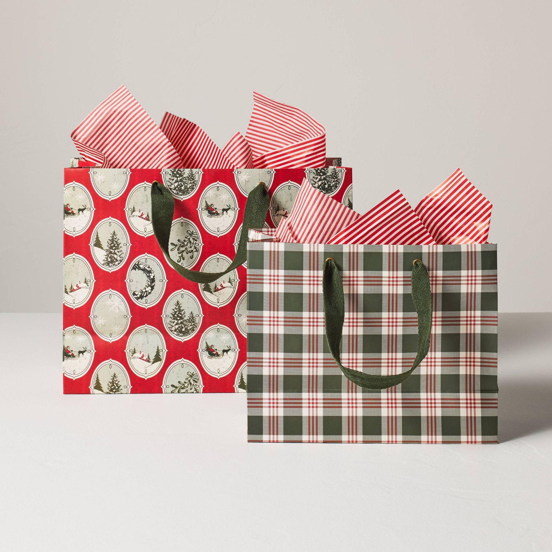 Set of 2 Christmas Green Plaid and Icon Gift Bag Set with Tissue Paper - Hearth & Hand™ with Magnolia