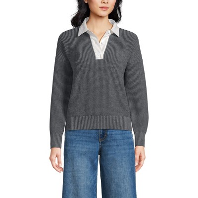 Lands' End Women's Drifter Rugby with Woven Collar Sweater