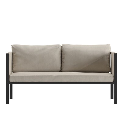 Sophisticated Steel Frame Outdoor Loveseat with Light Gray Cushions and Storage