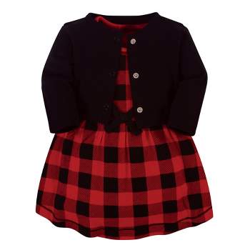 Touched by Nature Baby and Toddler Girl Organic Cotton Dress and Cardigan 2pc Set, Buffalo Plaid