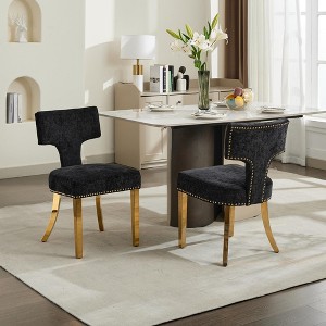 Okak Mid Century Dining Chairs Set of 2, Curved Linen Upholstered Back with Copper Nailheads, Solid Hardwood Frame Accent Chair - 1 of 4