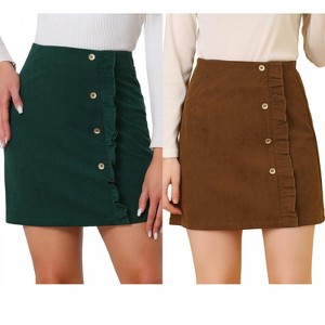 INSPIRE CHIC Women's Corduroy Vintage Button Decor Ruffled Trim High Waist Mini Skirt 2 Packs - 1 of 4