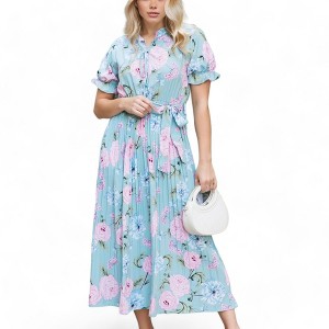 Anna-Kaci Women's Ruffle Tie Neck Short Puffed Short Sleeve Pleated Midi Dress for Daily Wear - 1 of 4