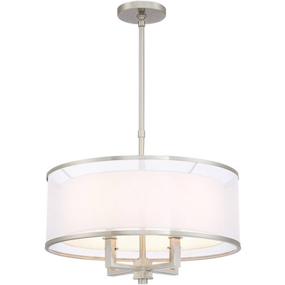 Elegant Brushed Nickel 23" Drum Pendant with Silver Organza and White Linen Shade
