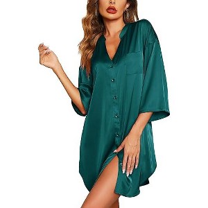Ekouaer Satin Nightgowns for Women Silk Sleepwear Button Down Sleepshirt 3/4 Sleeve V-Neck Nightshirts with Pockets - 1 of 4