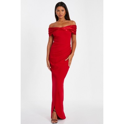 QUIZ Women's Scuba Crepe Satin Bardot ruched Maxi Dress
