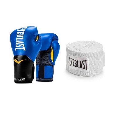 Everlast Blue Elite Boxing Gloves 12 Ounce & White 120-Inch Hand Wraps