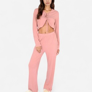 Anna-Kaci Lounge Women's Long Sleeve Pajama Set with Tie Front Cropped Top and Relaxed Fit High Waist Full-Length Lounge Pants - 1 of 4