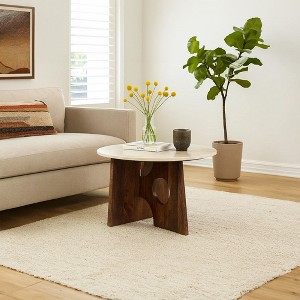 Royal Hampton Coffee Table, 27" Natural Round Marble Tabletop, Mango Wood Sculptural Base - 1 of 4
