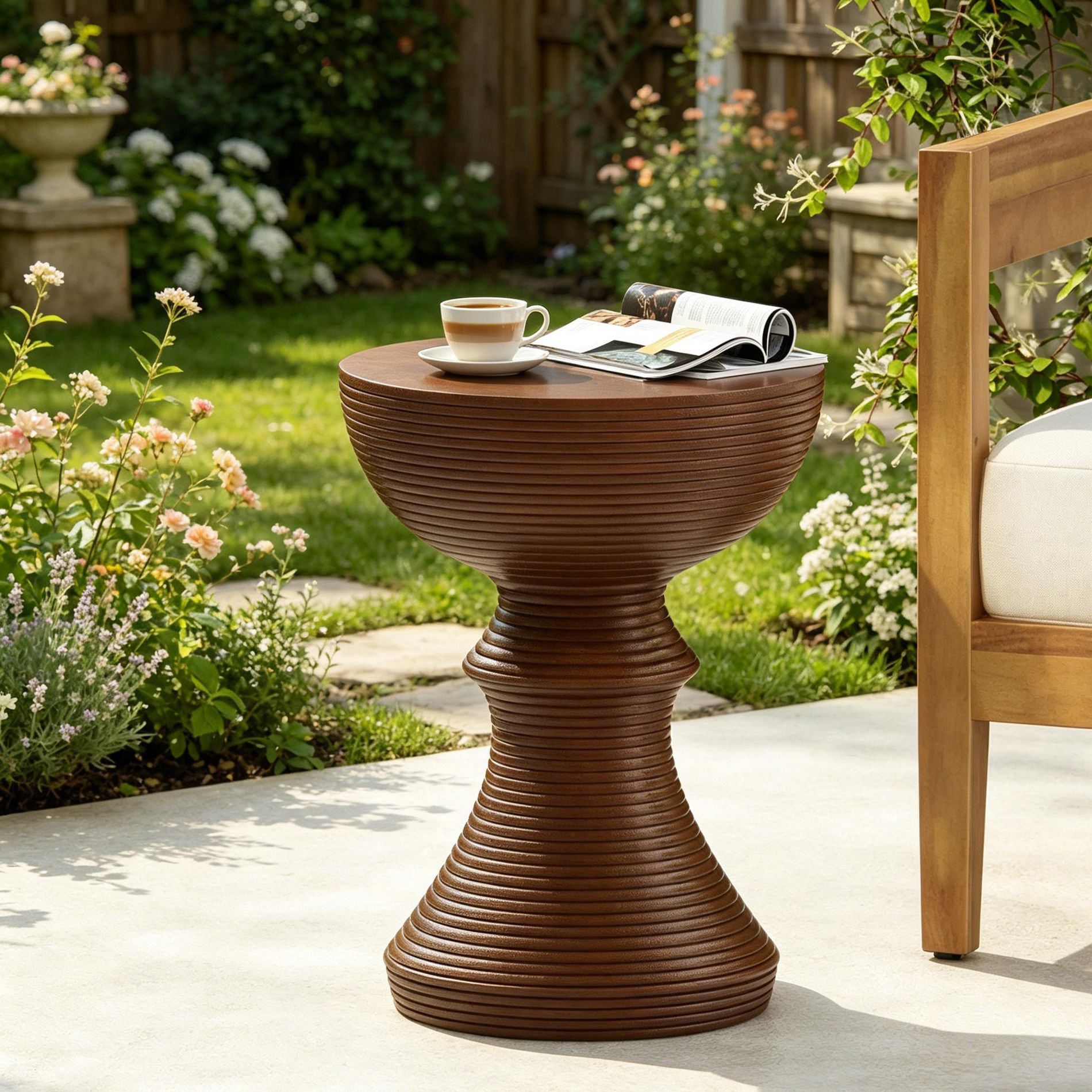 ModernLuxe 16" Modern End Table Ribbed Concrete Outdoor Side Table, Hourglass Patio Accent Table, Brown