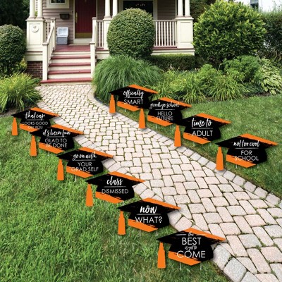 Big Dot of Happiness Orange Grad - Best is Yet to Come - Grad Cap Lawn Decorations - Outdoor Orange Graduation Party Yard Decorations - 10 Piece