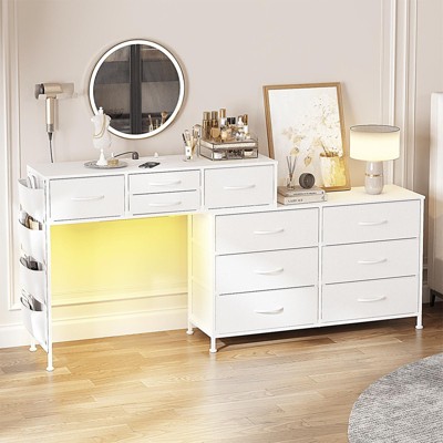 WOWLIVE Dresser for Bedroom with Charging Station and LED Light, Rotatable Vanity Desk with Fabric Drawers and Side Pockets, HD041