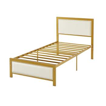 VECELO Metal Bed Frame with Linen Upholstered Headboard, Platform Bed with 12.6 in. Under Bed Storage and Nailhead