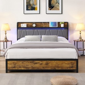DOMETOUR Full Size Bed Frame, Storage Headboard with Charging Station and 4 Storage Drawers,LED Lights , Brown and and Gray - 1 of 4