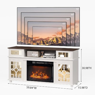 VINGLI Fireplace TV Stand with Sliding Mirrored Door for TVs up to 70", Entertainment Media Console with 23'' Electric Fireplace, White