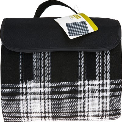 Black Plaid Waterproof Foldable Picnic Blanket with Handle