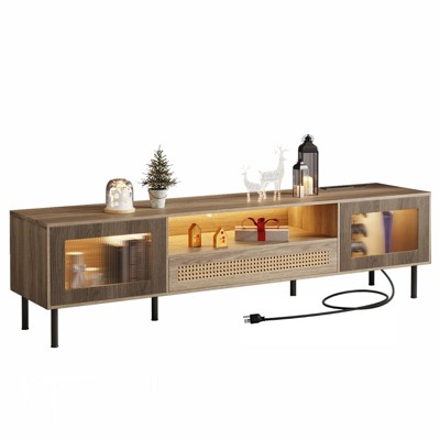 DOMETOUR Mid-Century Modern TV Stand with Power Outlet LED Lights and Storage, 71 Inch Media Console for TVs Up to 80 Inch for Living Room