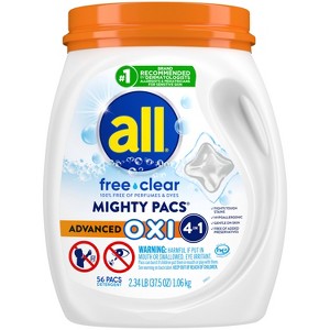 All Mighty Pacs Free Clear Laundry Detergent Pacs with OXI Stain Removers - 56ct/37.5oz - 1 of 4