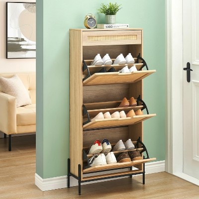 3-Tier Flip Shoe Storage Cabinet with 1 Drawer, Rattan Shoe Organizer on Sturdy Metal Legs, Narrow Freestanding Shoe Rack for Entryway and Hallway