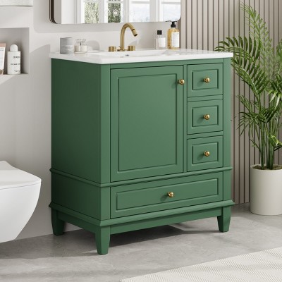 Bathroom Vanity With Ceramic Sink,Bathroom Storage Cabinet With 3 Drawers, Solid Wood Legs And One Door With Shelf-Maison Boucle