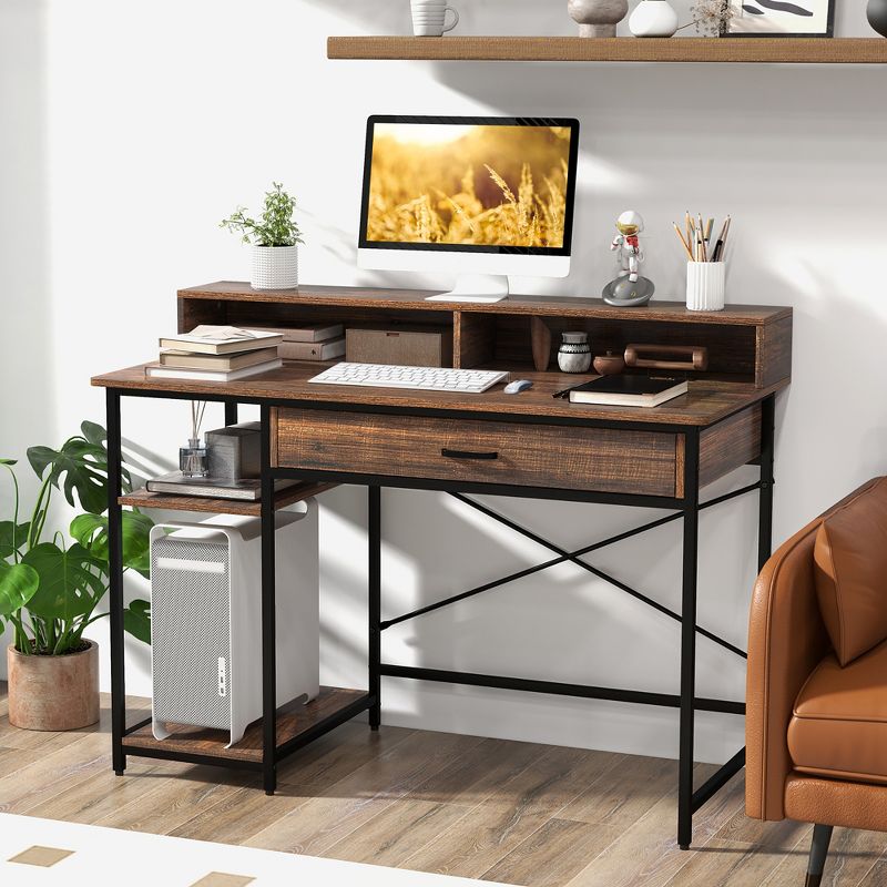 Costway 48”Computer Desk with Monitor Stand Home Office Writing Desk with Storage Drawer and 2 Open Shelves Rustic Brown, 3 of 11
