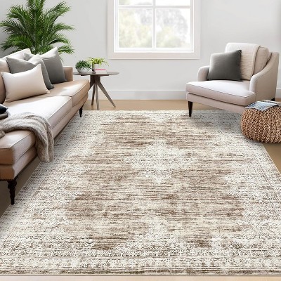 Washable Vintage Medallion Area Rug, Low-Pile Non-Slip Retro Floral Carpet, Distressed Accent Rug for Bedroom, Nursery, Living Room
