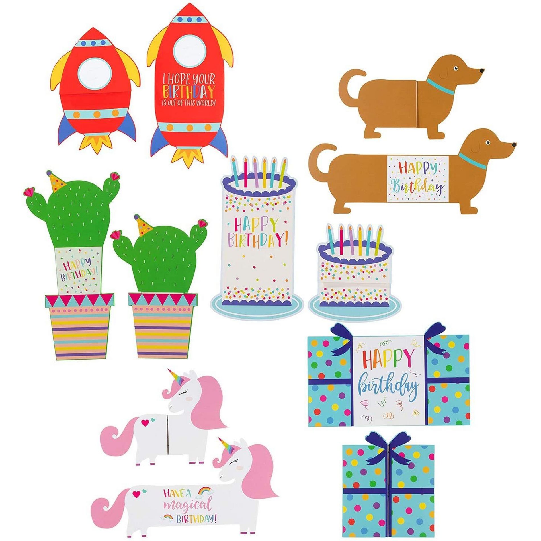 Sustainable Greetings 24 Pack Cute Happy Birthday Cards for Kids with Envelopes, 6 Die Cut Designs with Dogs Rocket Unicorn Cactus