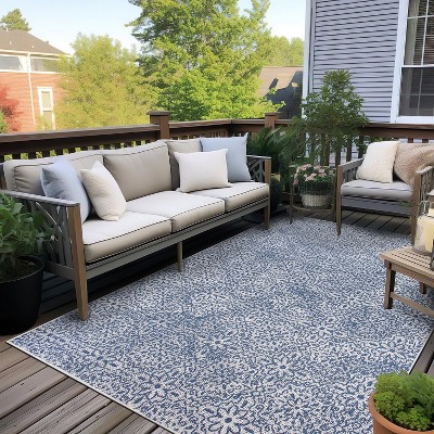 Blue Floral Synthetic Reversible 5' x 7' Area Rug