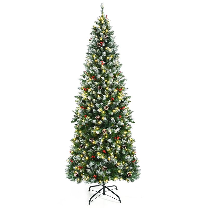 7ft Pre-lit Artificial Hinged Pencil Christmas Tree Decorated Snow Flocked Tips, 2 of 11