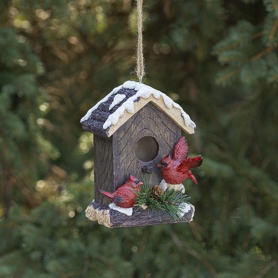 Winter Cardinals Hand-Painted Polyresin Hanging Birdhouse