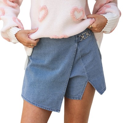 Women's Denim Wrap Hardware Notched Hem Mini Skort - Cupshe