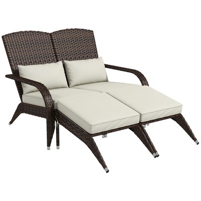 Outsunny Wicker Adirondack Chair for 2 with Cushions & Footrests, PE Rattan Fire Pit Chair for 2with High-back, Wide Armrests