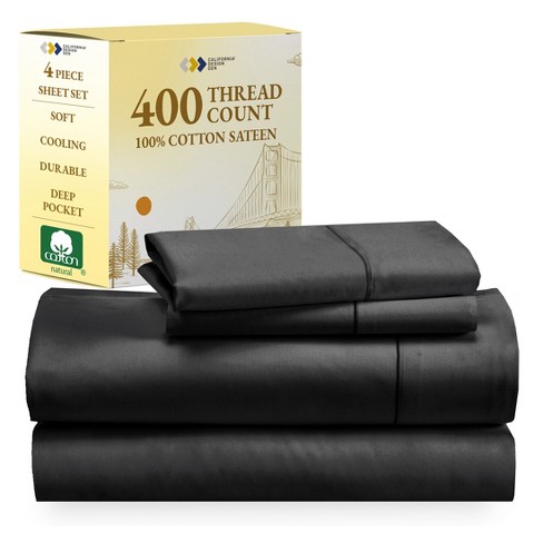 True Black Queen Bed Sheets - 100% Cotton Sateen Weave, 400 Thread